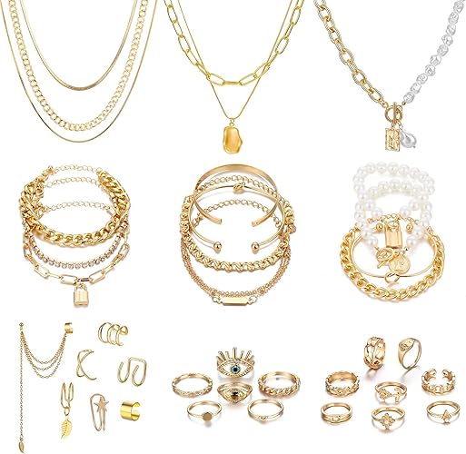 Gold Plated Jewelry Set with 4 PCS Necklace, 11 PCS Bracelet, 7 PCS Ear Cuffs Earring, 14 Pcs Knuckle Rings
