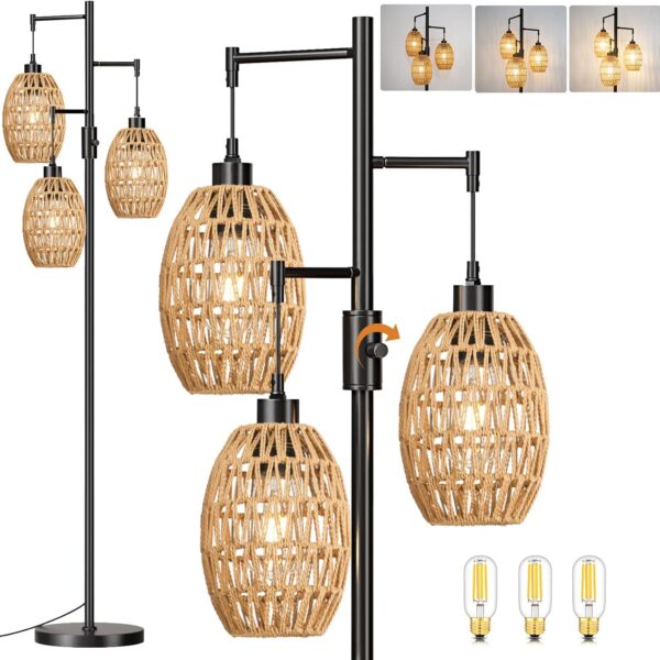 Dimmable Floor Lamp for Bedroom 3-Lights Boho Floor Lamp with Rattan Lamp Shades,Rustic Floor Lamp Black Tree Tall Lamps Modern Standing Floor Lamps for Living Room Bedroom Corner